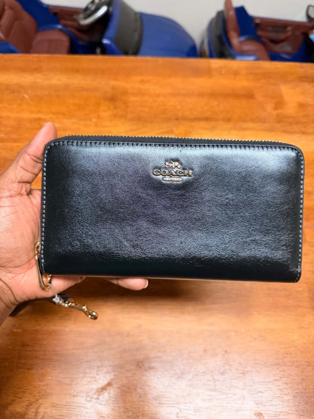Coach Black Leather Zip Wallet with Gold Logo